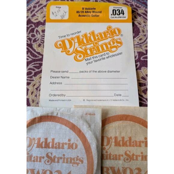 D'Addario BW034 Vintage Guitar String Acoustic Guitar 80/20 Bronze + Index Card - Picture 1 of 3